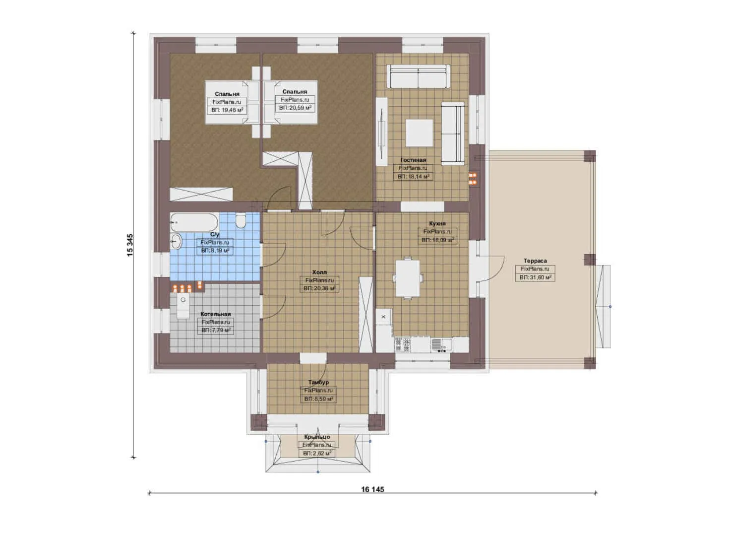 F-18314 - План одноэтажного дома 16 на 17, площадью 160 м² с террасой и 2 спальнями