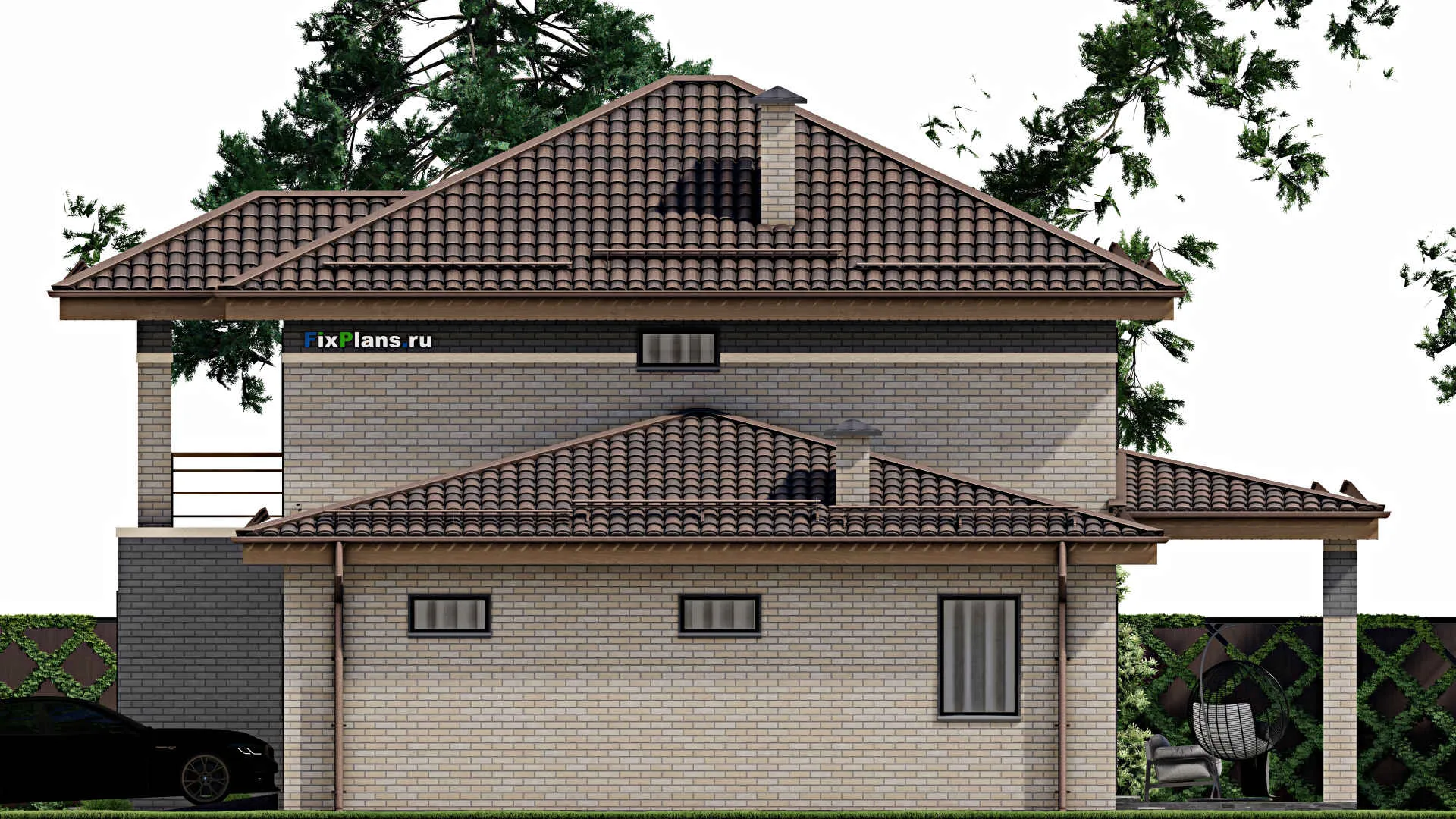 F-9152 - Проект двухэтажного дома 15 на 15, площадью 200 м² с террасой, балконом, гаражом на 1 машину и 6 спальнями