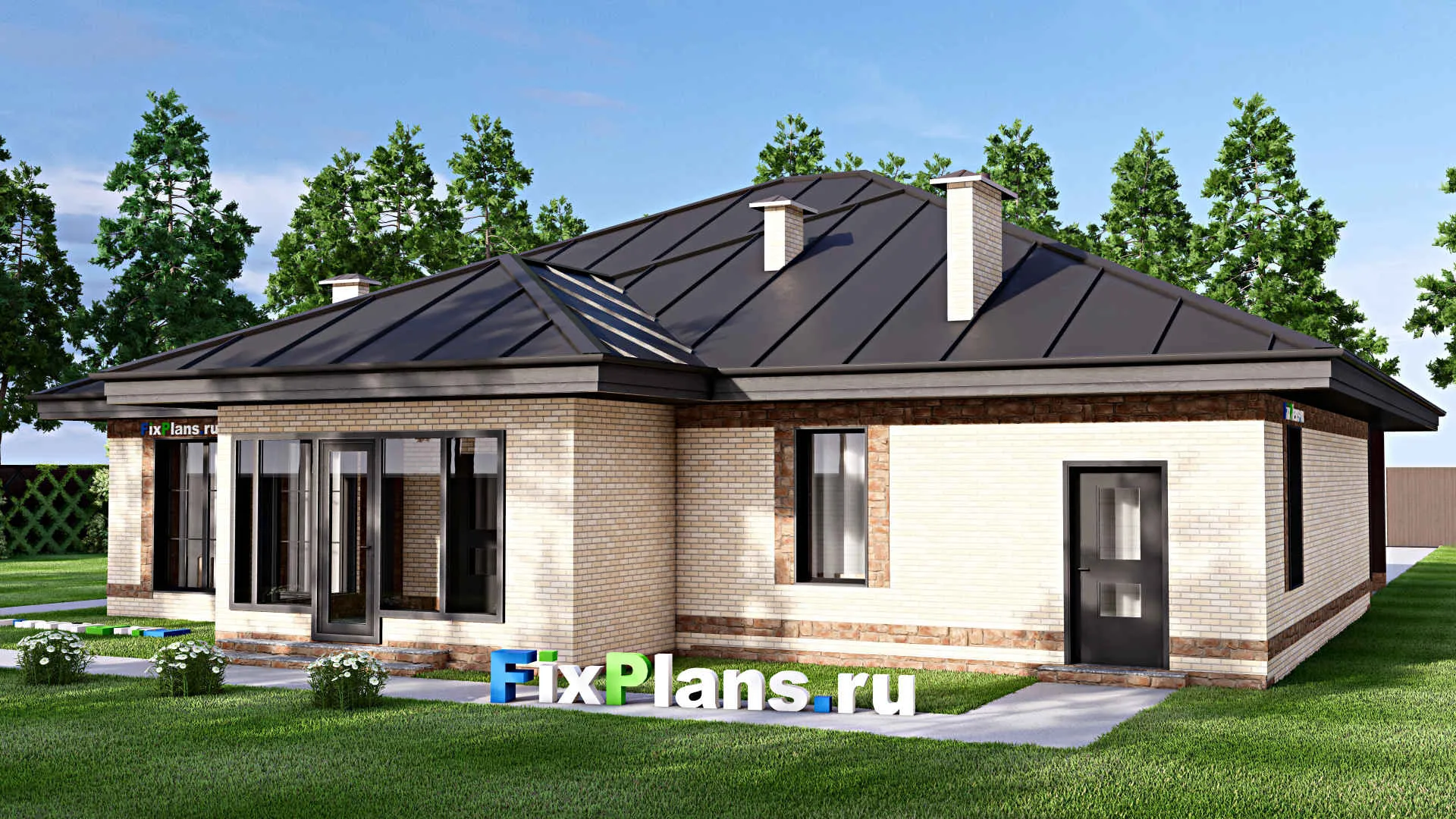 F-13958 - Проект одноэтажного дома 17 на 21, площадью 210 м² с террасой, гаражом на 2 машины и 3 спальнями