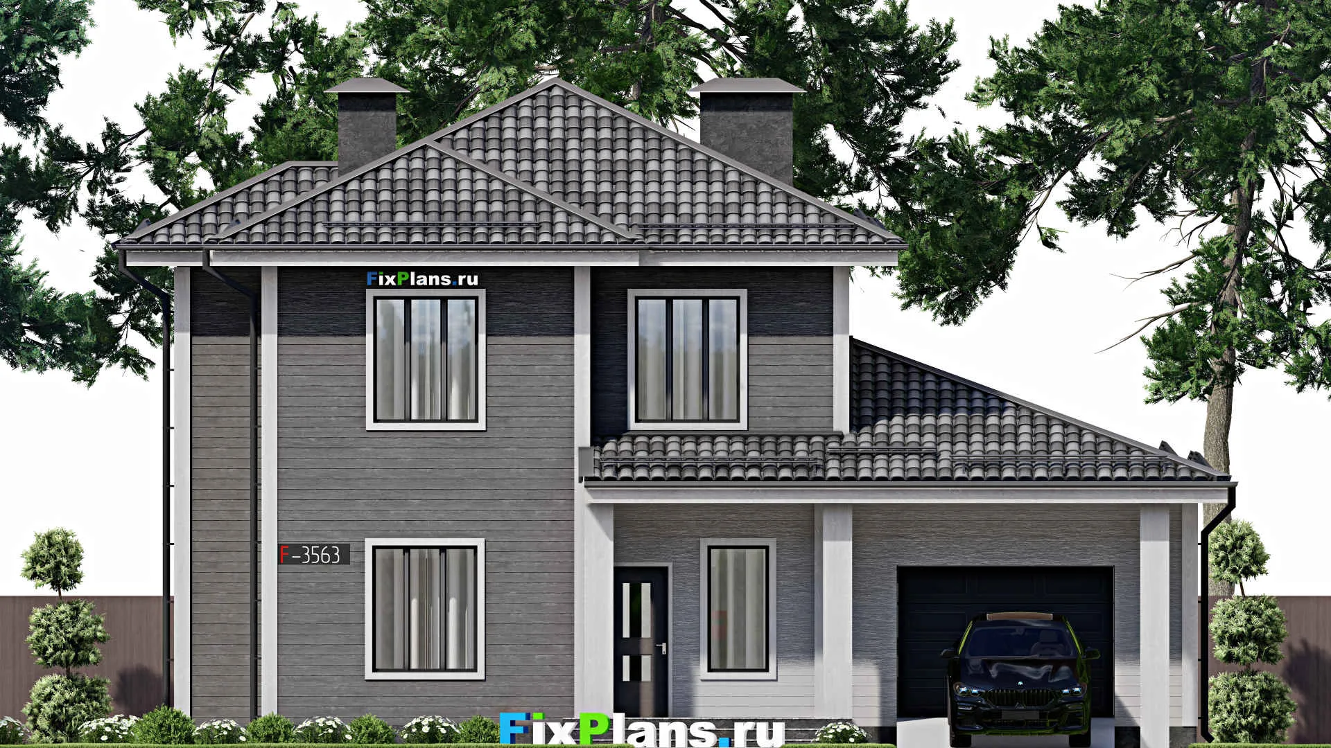 F-3563 - Планы двухэтажного дома 12 на 15, площадью 200 м² с террасой, гаражом на 1 машину и 5 спальнями