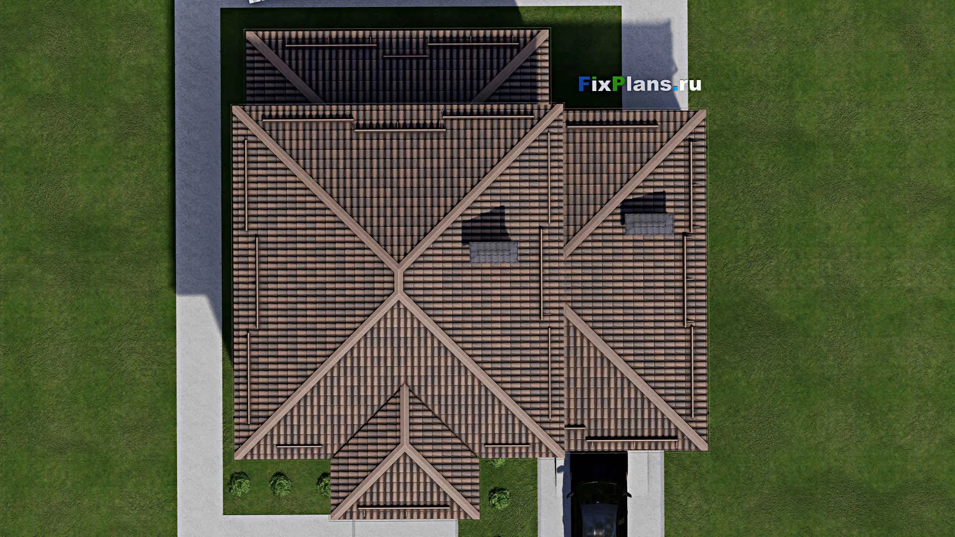 F-9152 - Проект двухэтажного дома 15 на 15, площадью 200 м² с террасой, балконом, гаражом на 1 машину и 6 спальнями