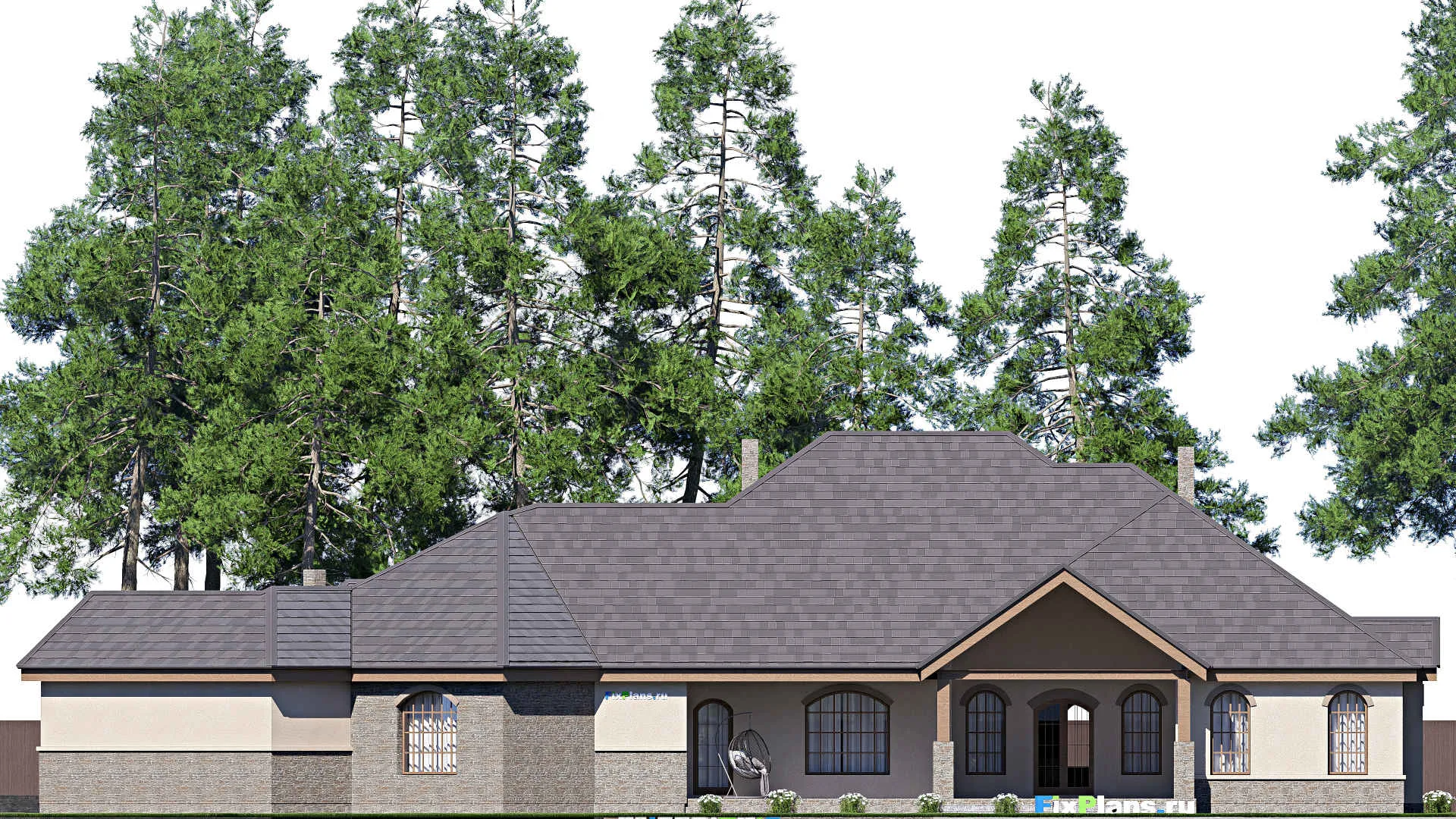 F-17216 - Проект одноэтажного дома 26 на 35, площадью 460 м² с террасой, гаражом на 2 машины и 3 спальнями