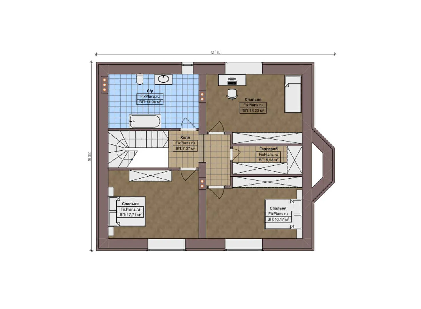 F-10196 - Планы дома с мансардой 11 на 15, площадью 180 м² с террасой и 4 спальнями
