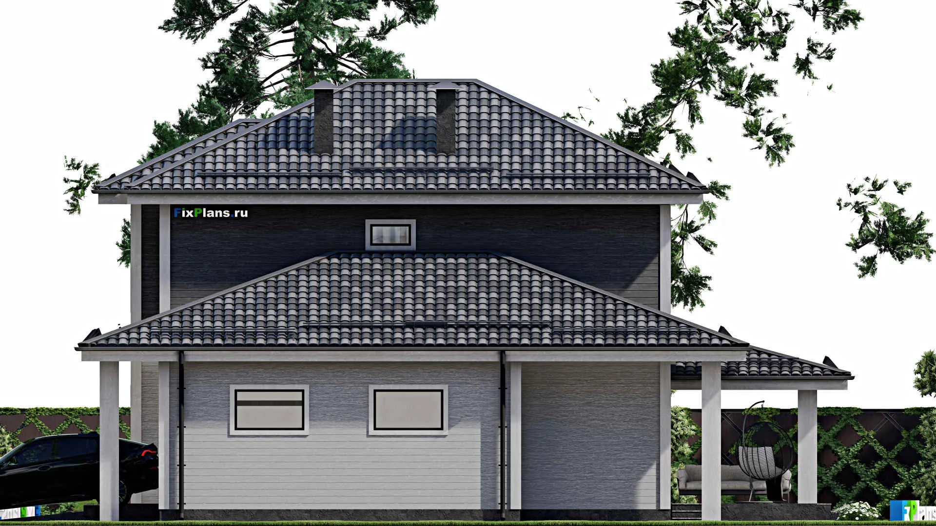 F-3563 - Планы двухэтажного дома 12 на 15, площадью 200 м² с террасой, гаражом на 1 машину и 5 спальнями