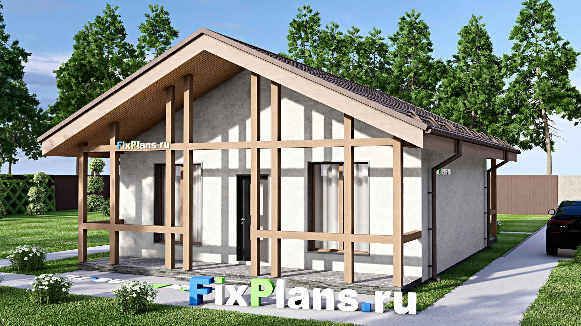 F-12653 - Проект одноэтажного дома 9 на 12, площадью 90 м² с террасой и 2 спальнями