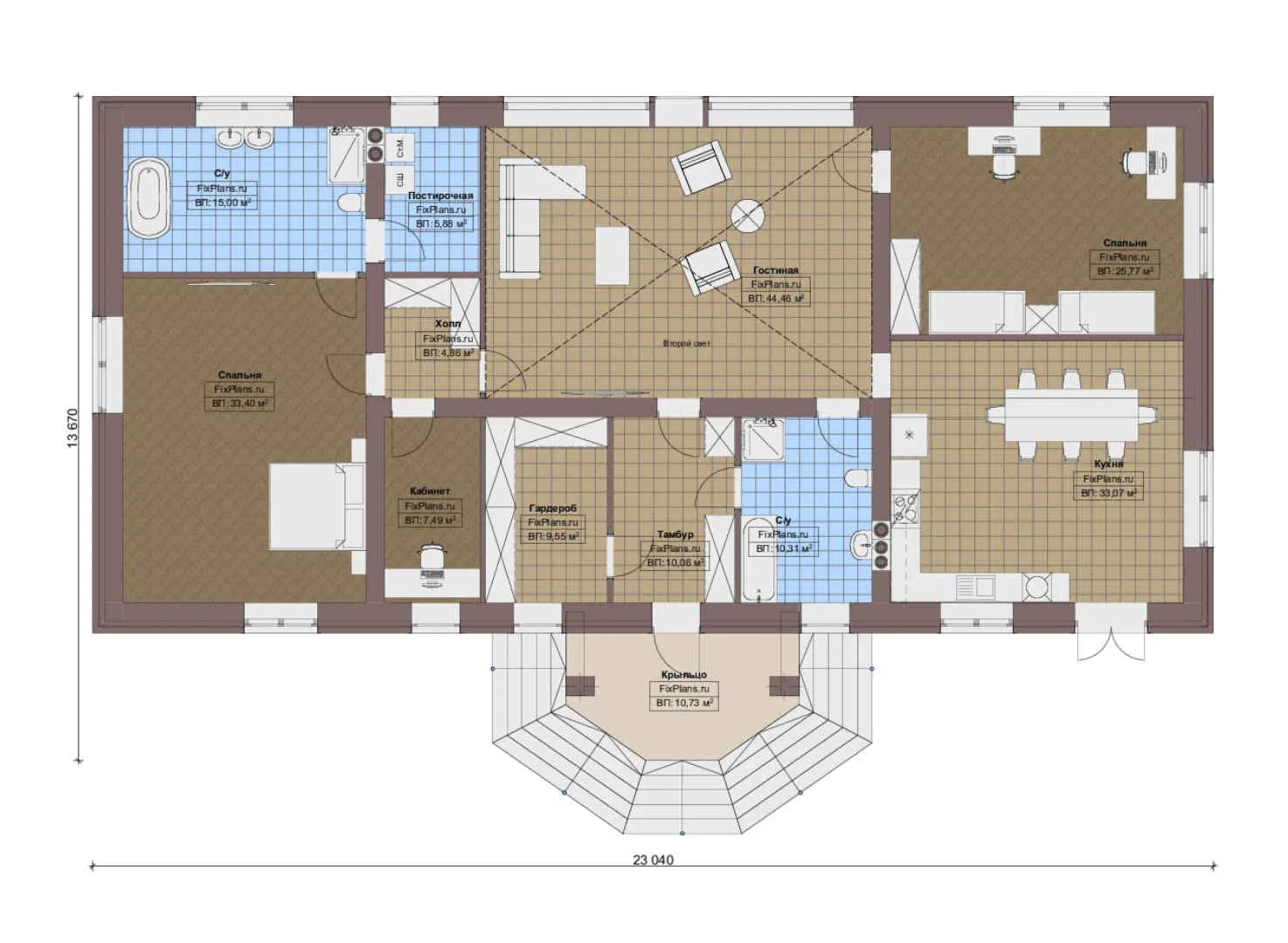 F-17072 - План одноэтажного дома 14 на 24, площадью 220 м² с 2 спальнями