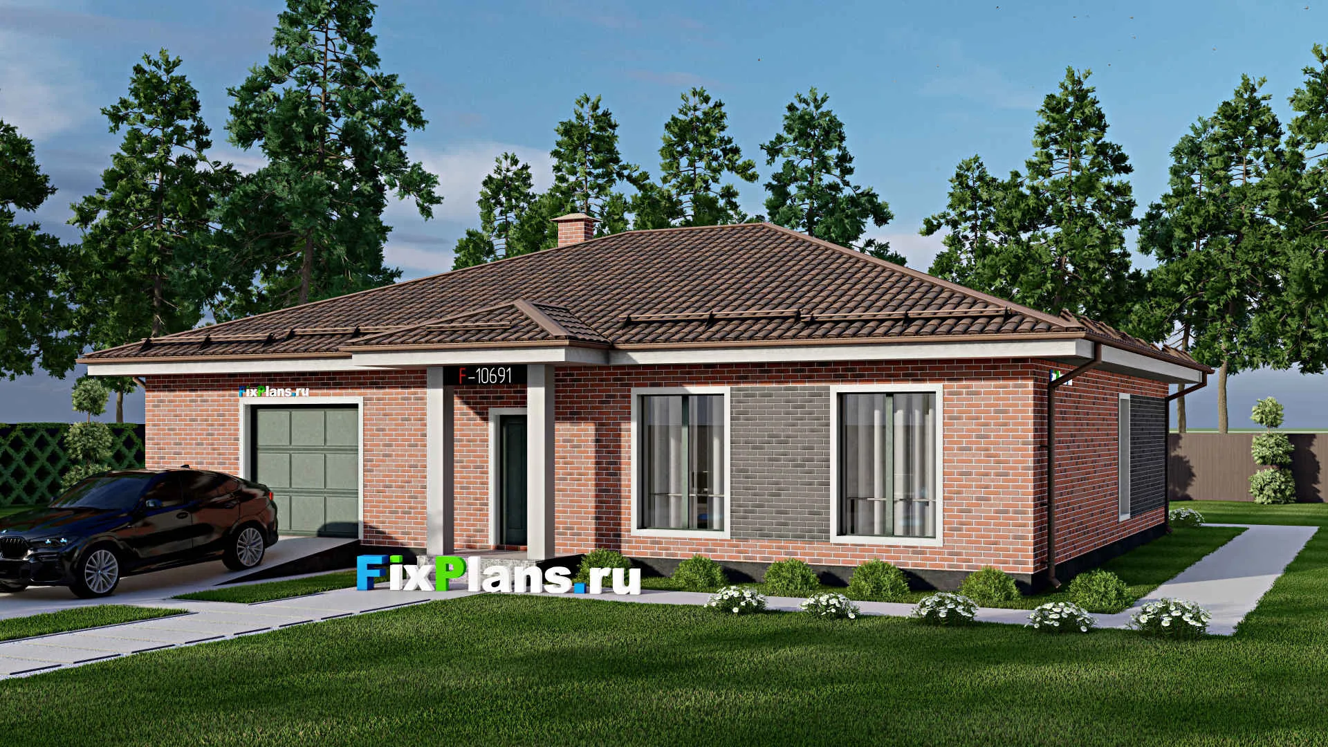 F-10691 - Проект одноэтажного дома 10 на 14, площадью 170 м² с гаражом на 2 машины и 3 спальнями
