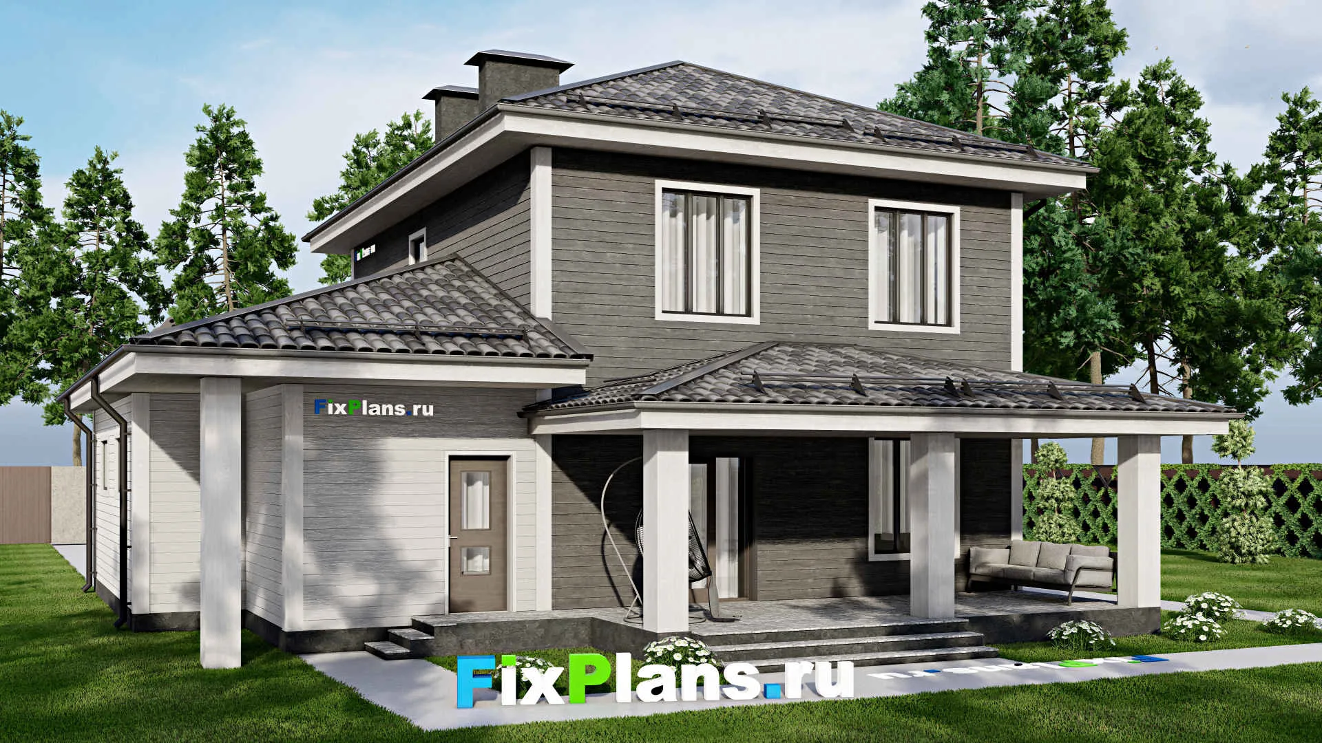 F-3563 - Планы двухэтажного дома 12 на 15, площадью 200 м² с террасой, гаражом на 1 машину и 5 спальнями