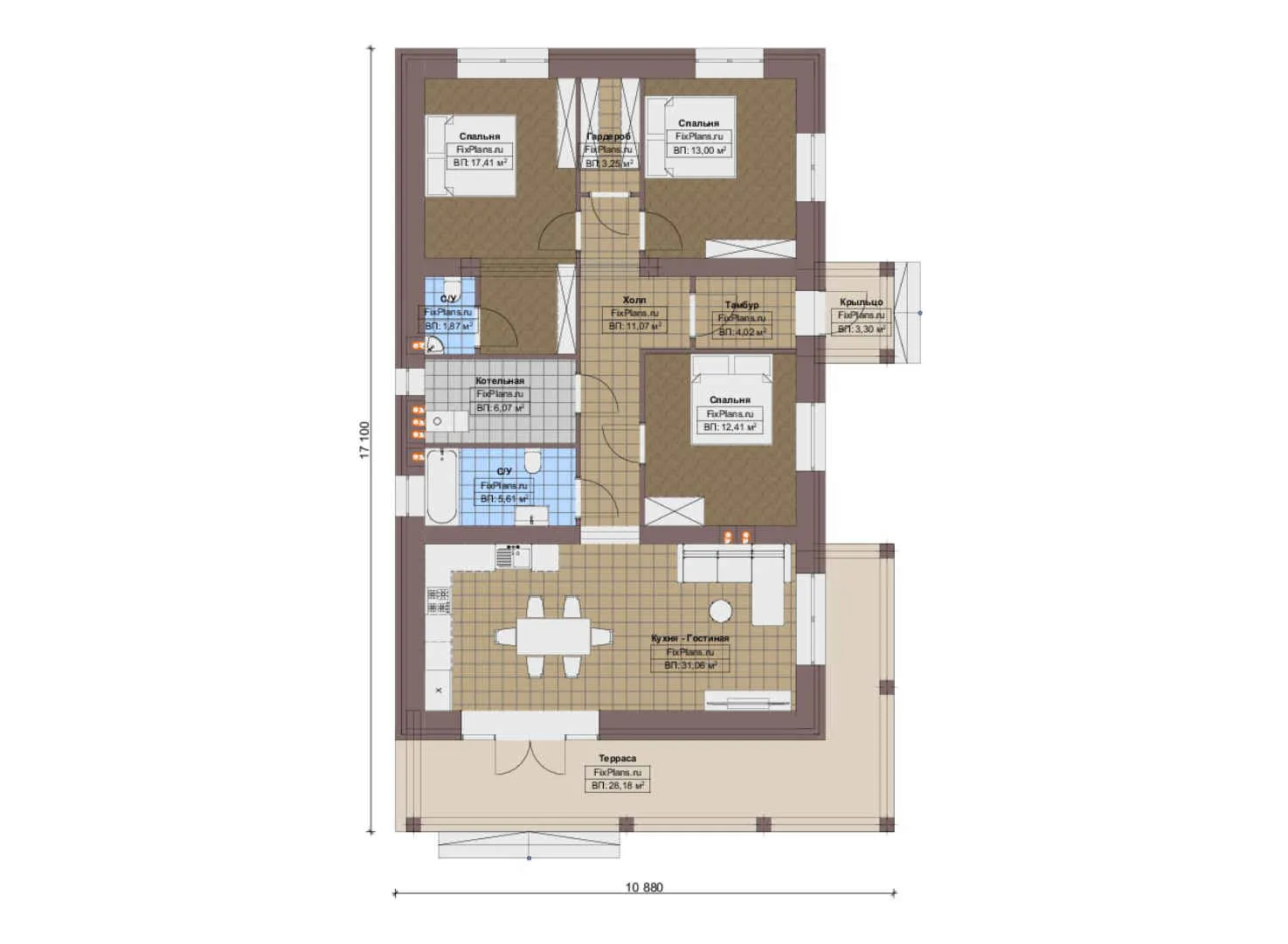 F-19439 - План одноэтажного дома 11 на 18, площадью 140 м² с террасой и 3 спальнями