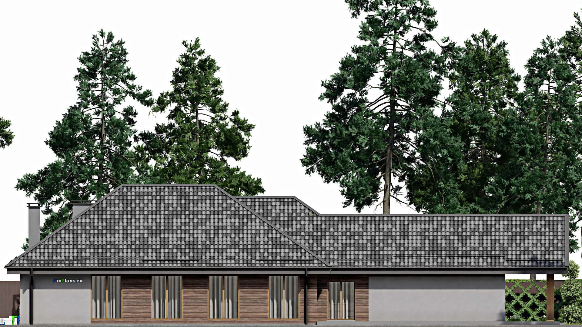 F-9089 - Проект одноэтажного дома 20 на 29, площадью 320 м² с террасой, гаражом на 2 машины и 4 спальнями