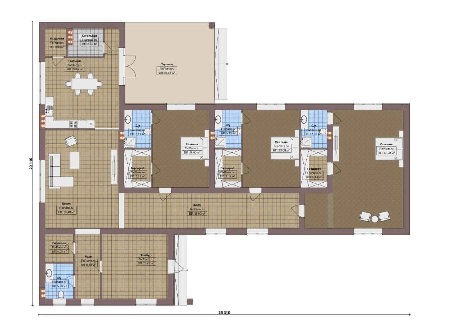 F-13742 - План одноэтажного дома 21 на 27, площадью 310 м² с террасой и 3 спальнями