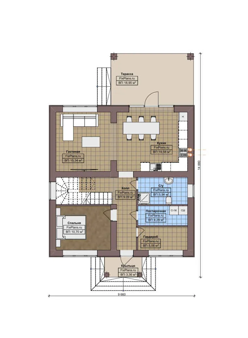 F-6281 - Планы дома с мансардой 10 на 15, площадью 170 м² с террасой и 4 спальнями