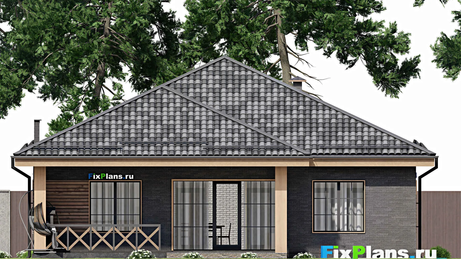 F-7829 - План одноэтажного дома 14 на 15, площадью 170 м² с террасой и 4 спальнями