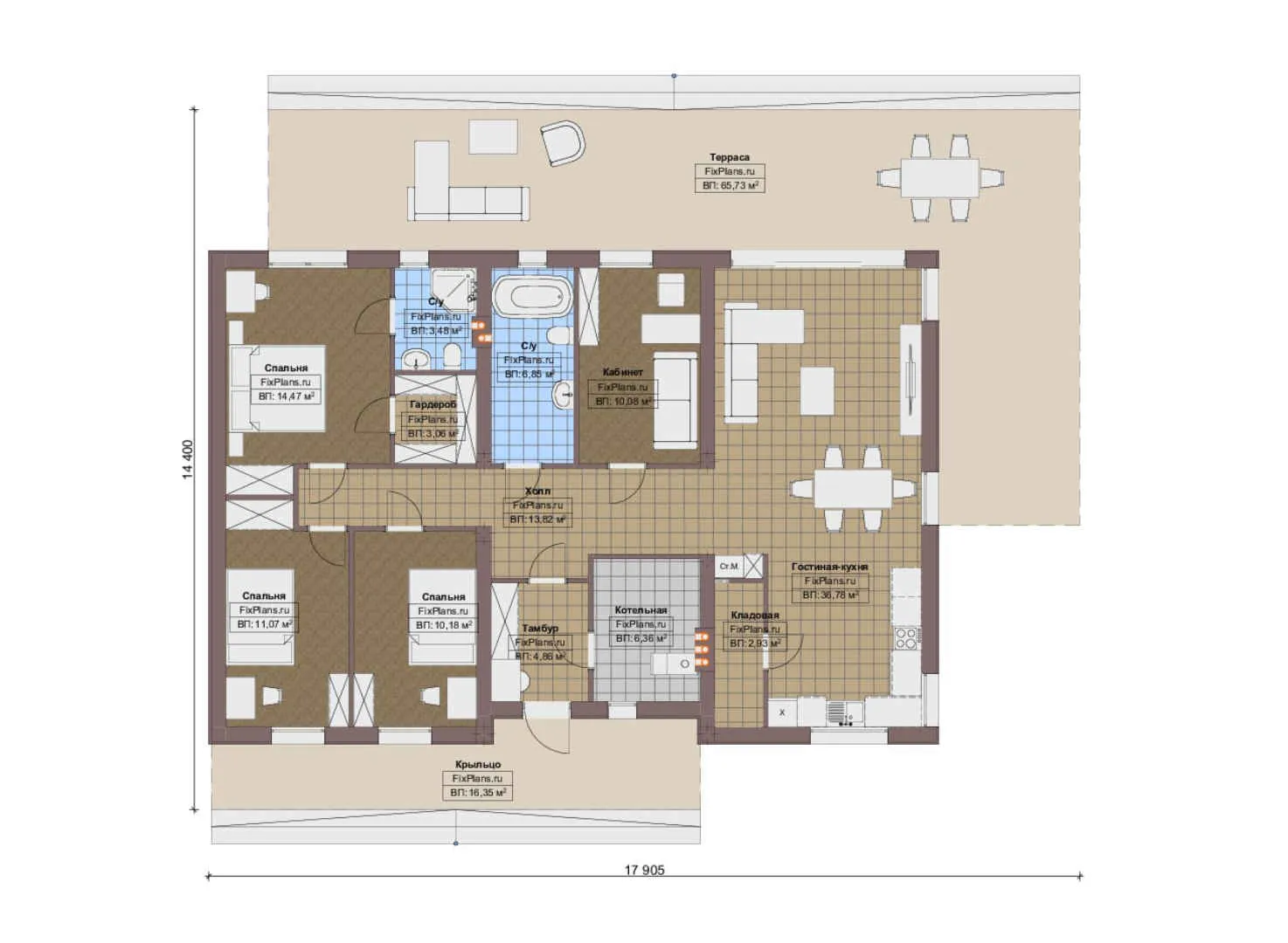 F-15794 - План одноэтажного дома 15 на 18, площадью 210 м² с террасой и 3 спальнями