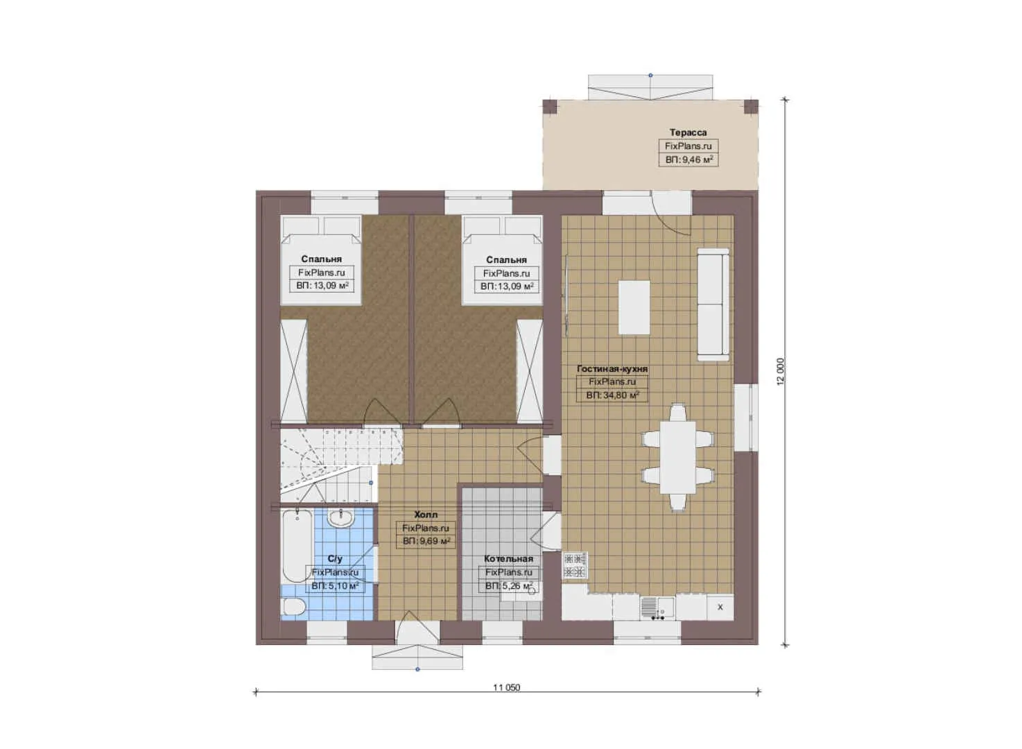 F-17828 - Планы дома с мансардой 12 на 12, площадью 160 м² с террасой и 4 спальнями