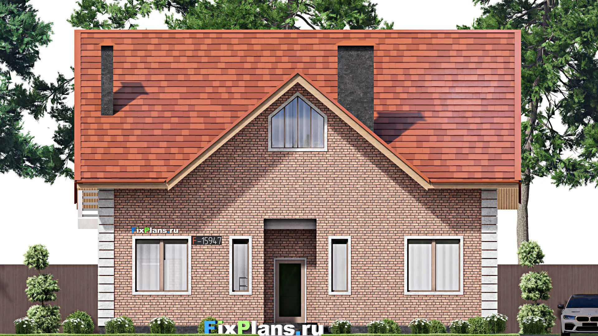 F-15947 - Проект дома с мансардой 14 на 15, площадью 280 м² с террасой, балконом и 4 спальнями