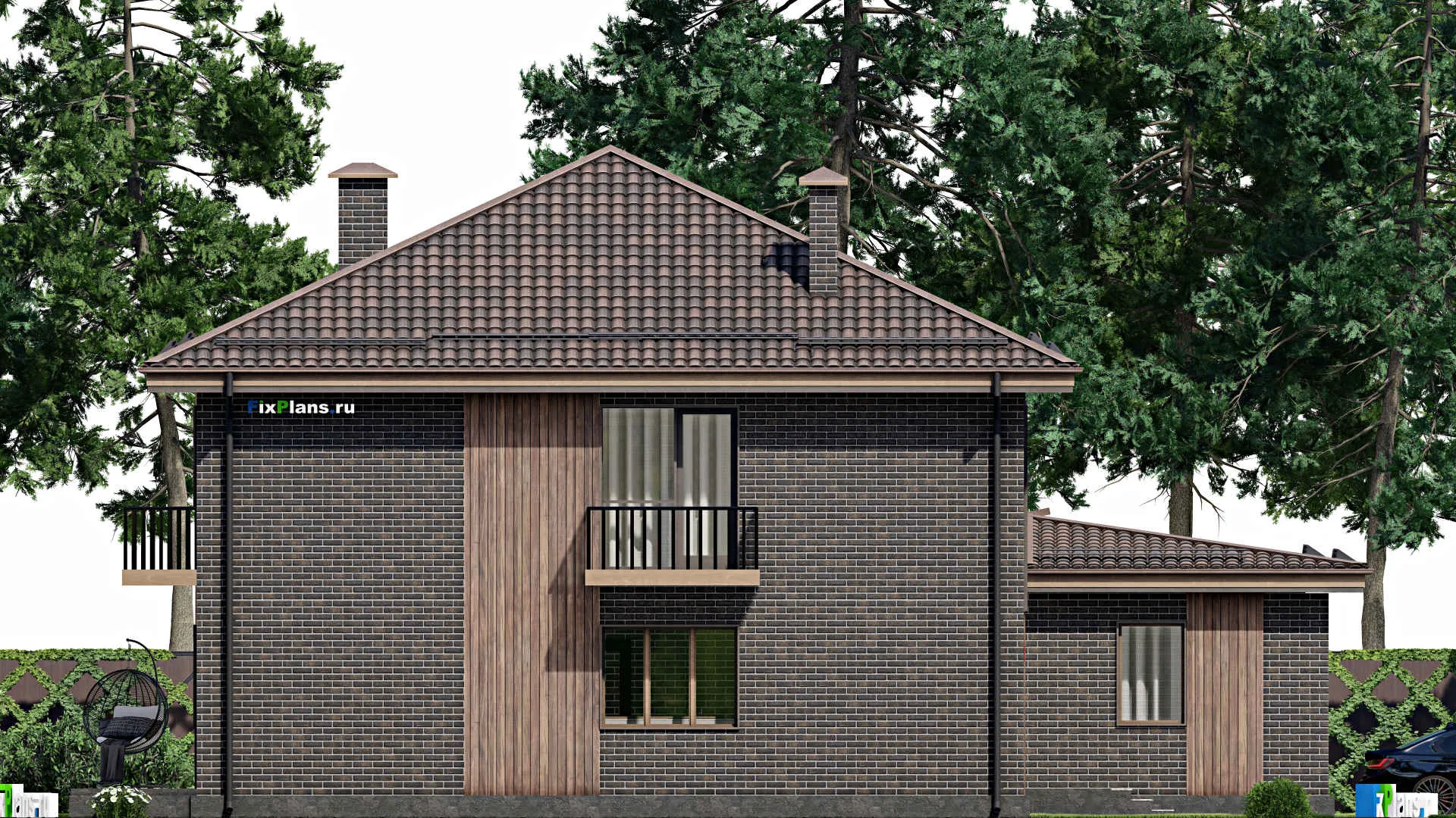 F-4967 - Проект двухэтажного дома 17 на 17, площадью 290 м² с террасой, балконом, гаражом на 2 машины и 7 спальнями