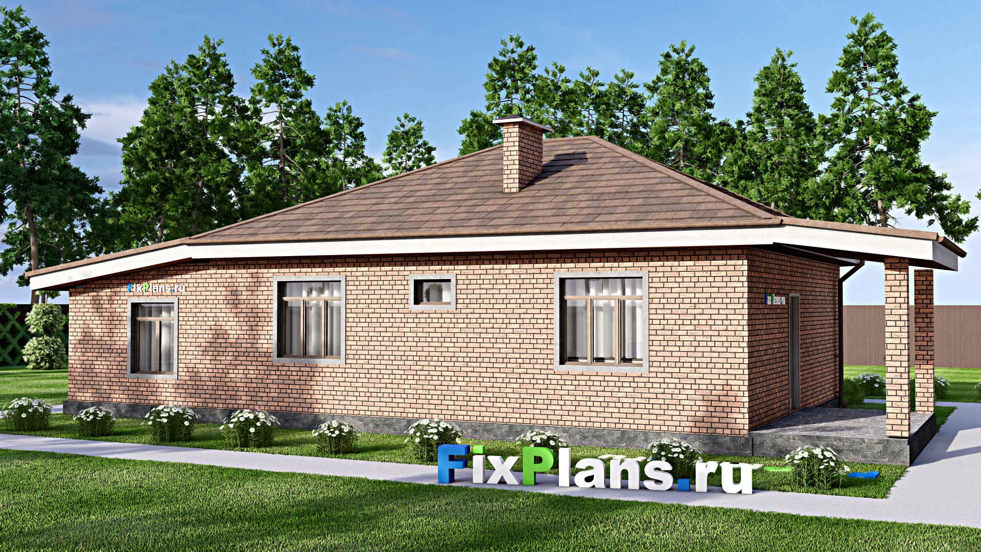 F-12626 - Проект одноэтажного дома 10 на 17, площадью 120 м² с террасой, гаражом на 1 машину и 2 спальнями