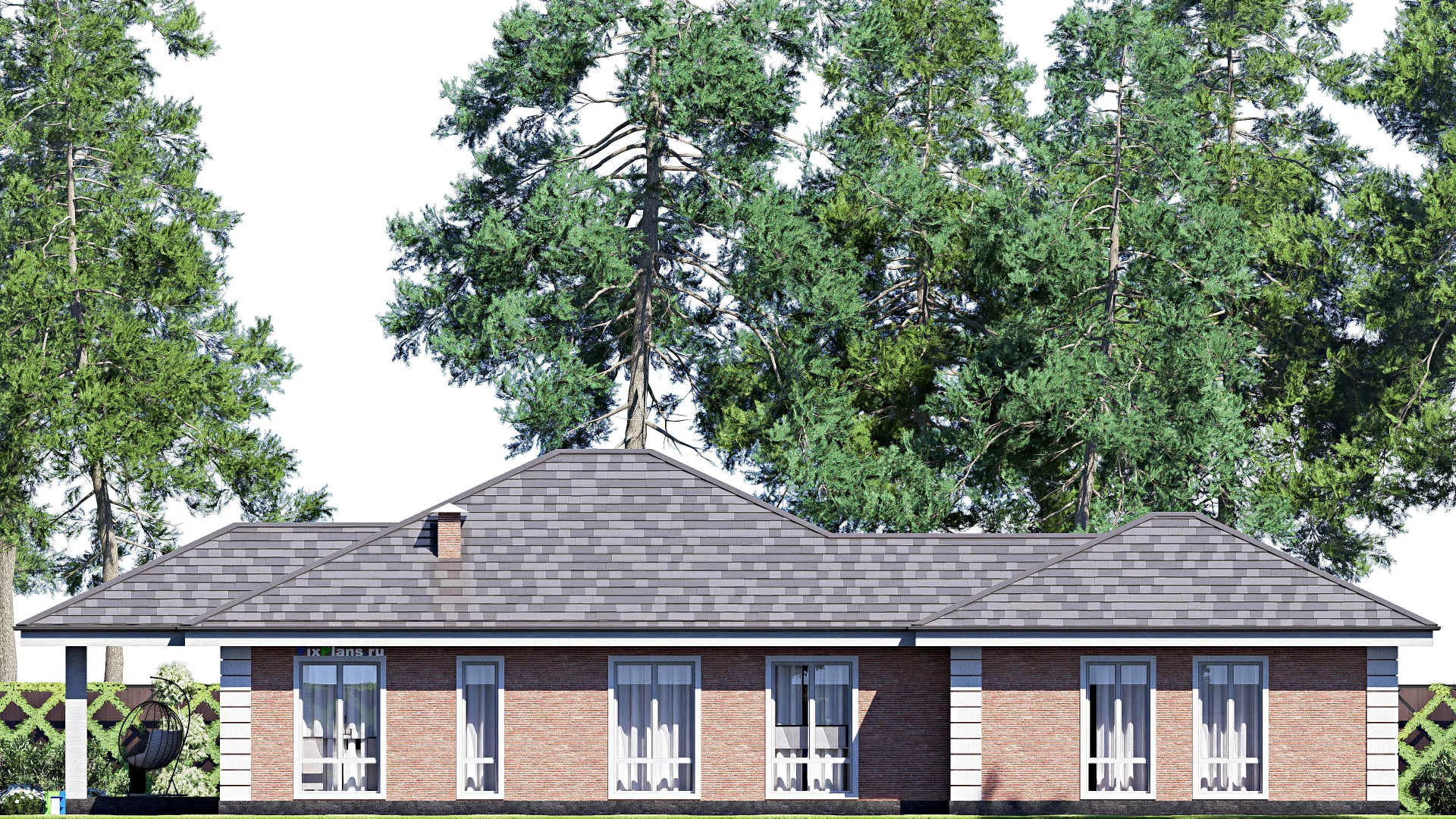 F-18728 - Проект одноэтажного дома 14 на 24, площадью 200 м² с террасой, гаражом на 2 машины и 3 спальнями