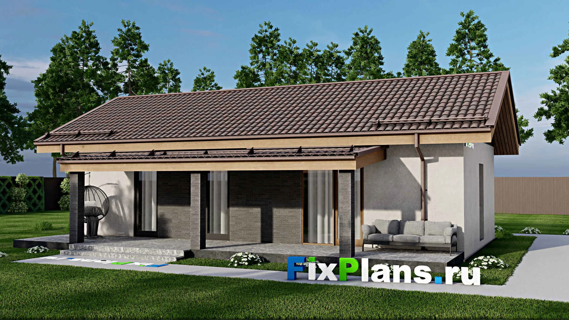 F-7622 - План одноэтажного дома 12 на 14, площадью 120 м² с террасой и 3 спальнями