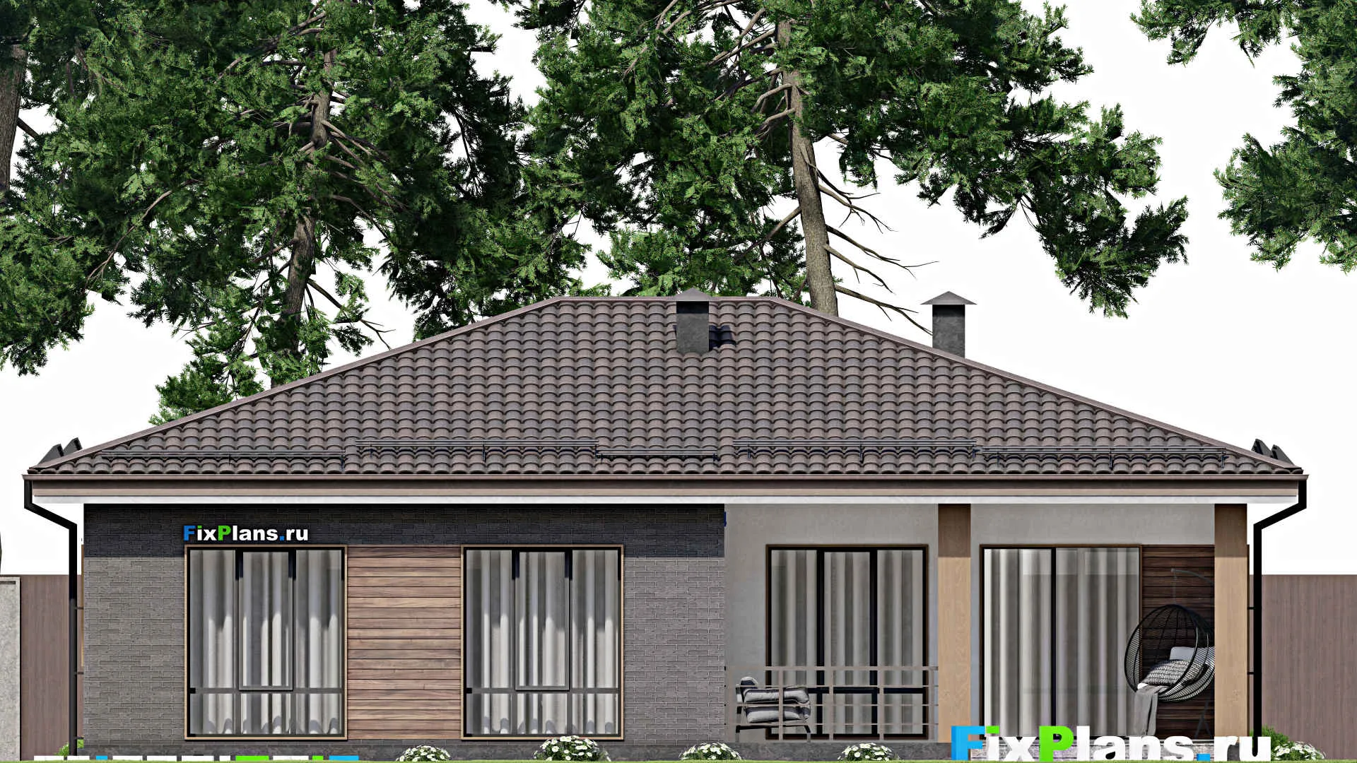 F-6929 - План одноэтажного дома 14 на 15, площадью 140 м² с террасой и 3 спальнями