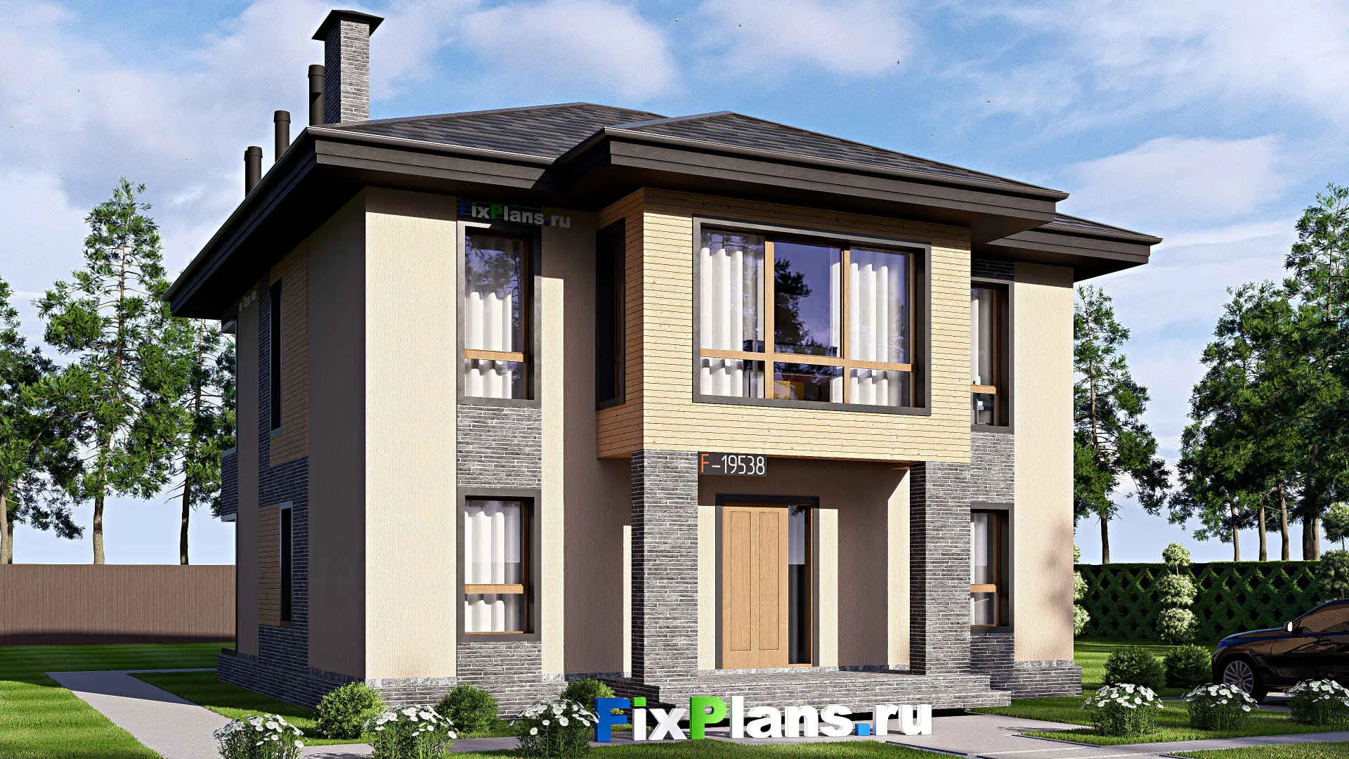 F-19538 - Проект двухэтажного дома 12 на 15, площадью 200 м² с террасой и 3 спальнями