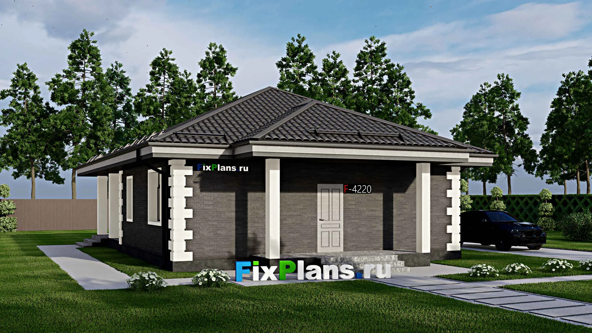 F-4220 - Проект одноэтажного дома 10 на 15, площадью 110 м² с террасой и 3 спальнями