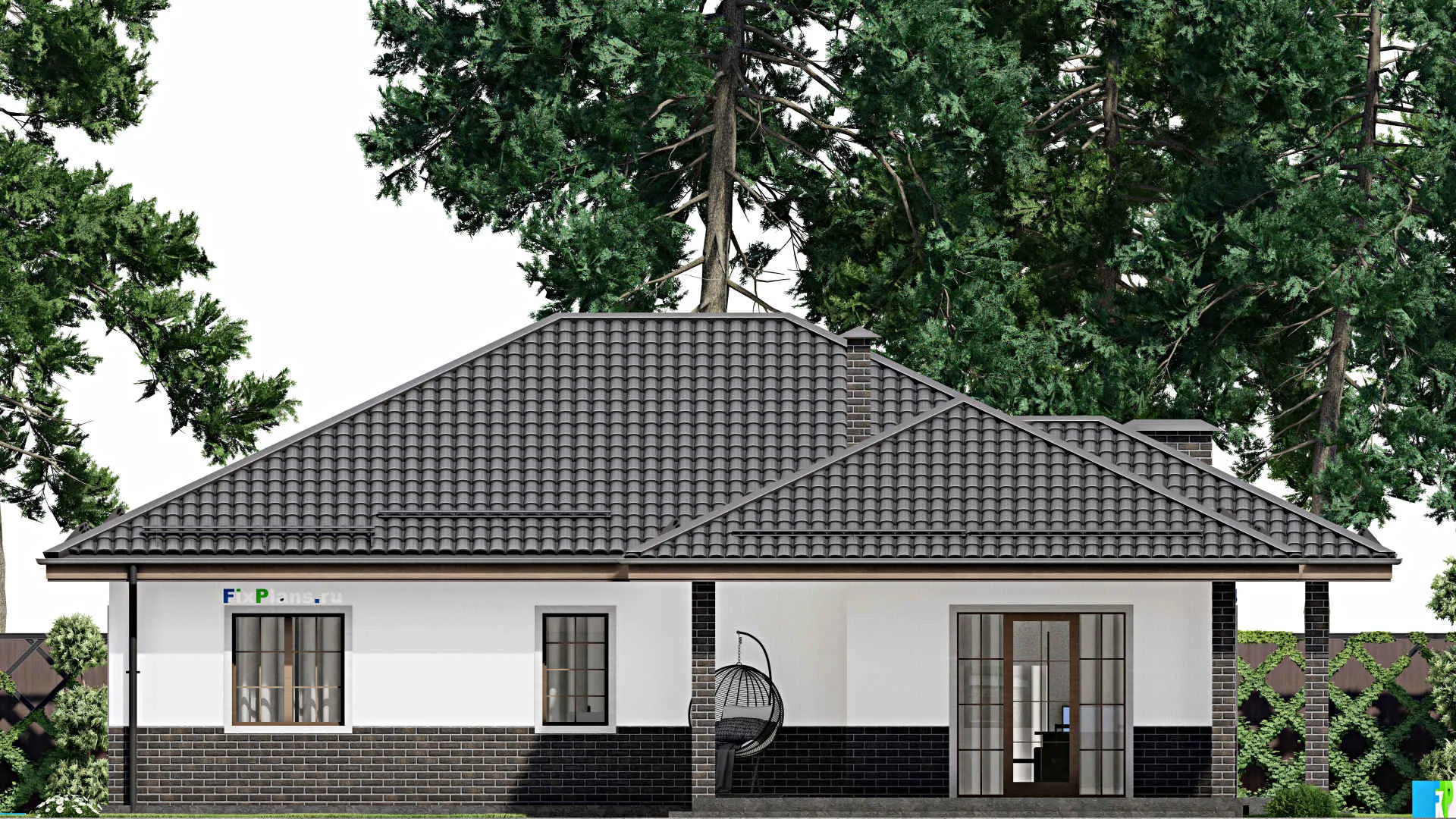 F-4607 - План одноэтажного дома 15 на 15, площадью 190 м² с террасой и 4 спальнями