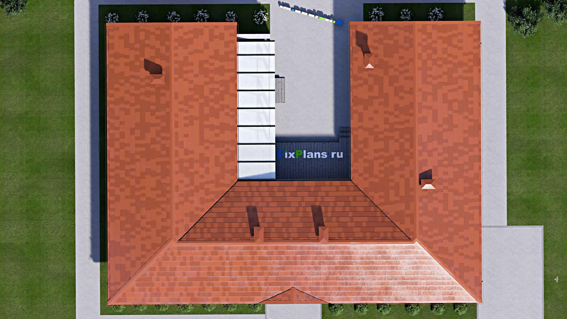 F-13895 - Проект одноэтажного дома 16 на 22, площадью 250 м² с террасой, баней и 3 спальнями