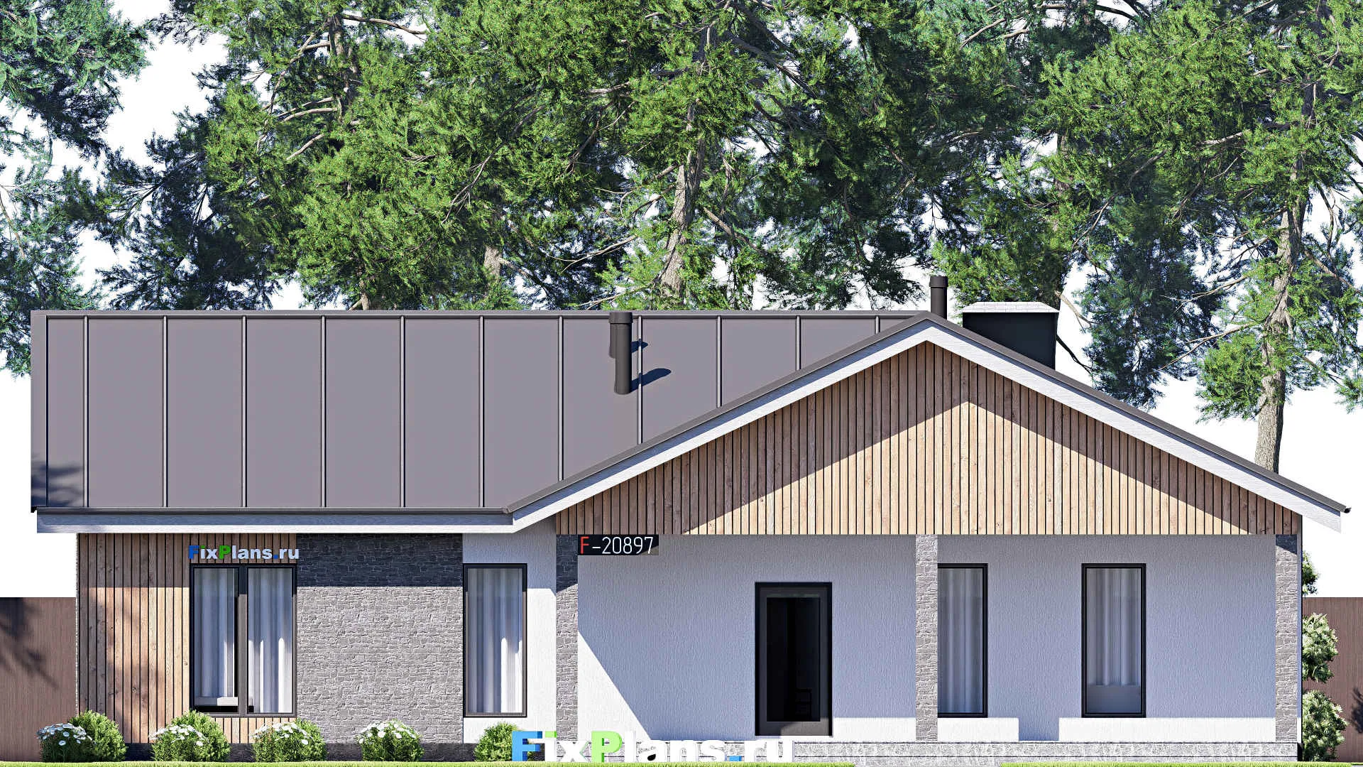 F-20897 - Проект одноэтажного дома 18 на 22, площадью 250 м² с террасой и 3 спальнями