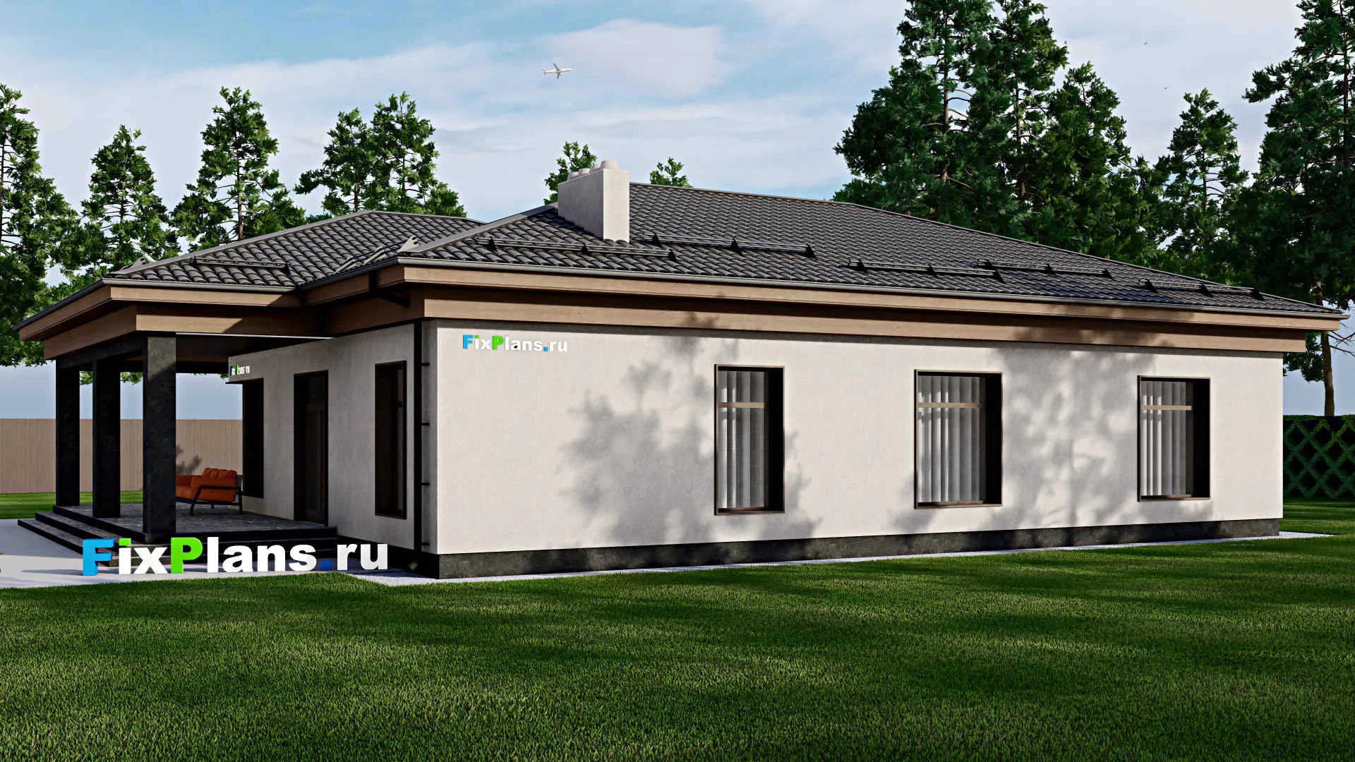 F-2249 - Проект одноэтажного дома 12 на 17, площадью 210 м² с террасой и 3 спальнями