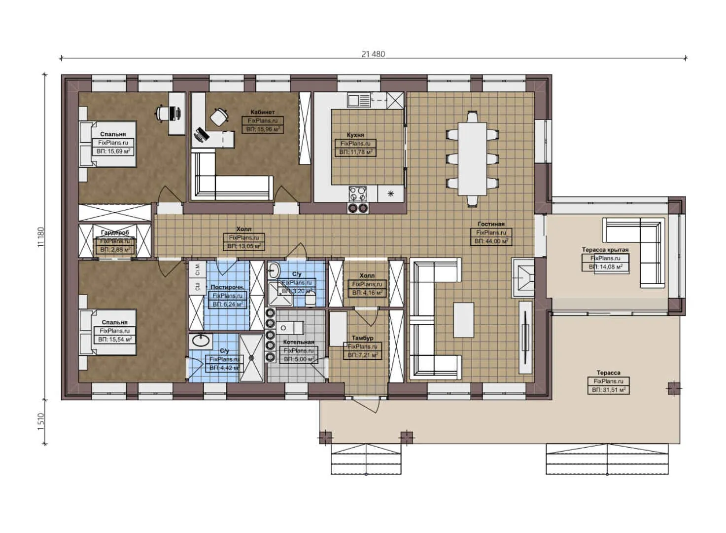F-2753 - План одноэтажного дома 12 на 22, площадью 200 м² с террасой и 2 спальнями