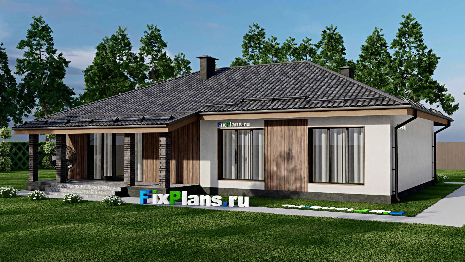 F-8081 - Проект одноэтажного дома 11 на 17, площадью 160 м² с террасой и 3 спальнями