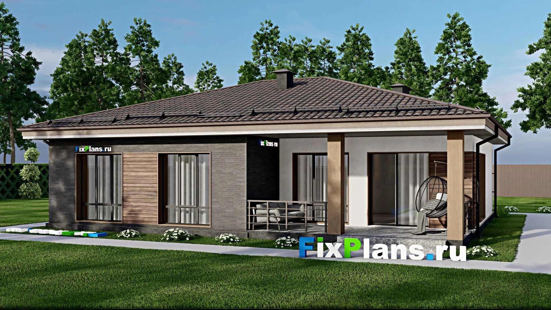 F-6929 - План одноэтажного дома 14 на 15, площадью 140 м² с террасой и 3 спальнями