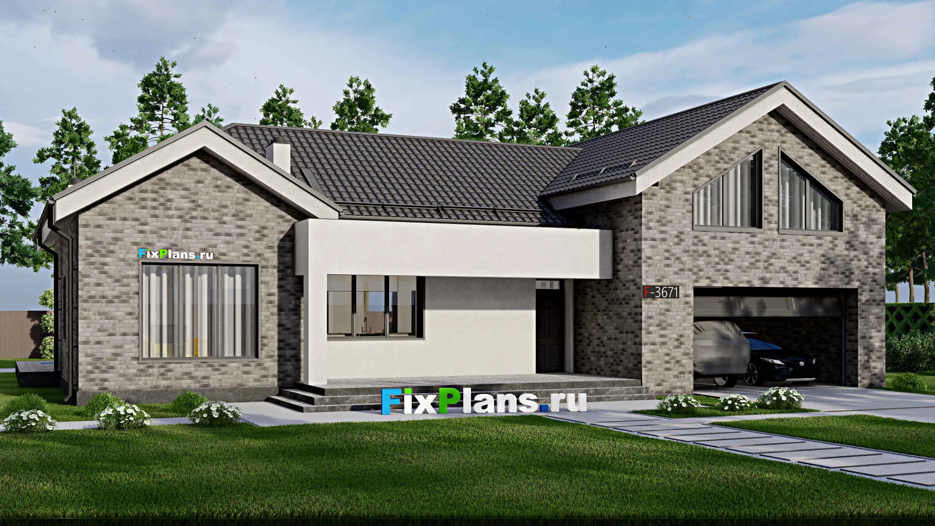 F-3671 - Проект дома с мансардой 17 на 20, площадью 380 м² с террасой, гаражом на 2 машины и 3 спальнями