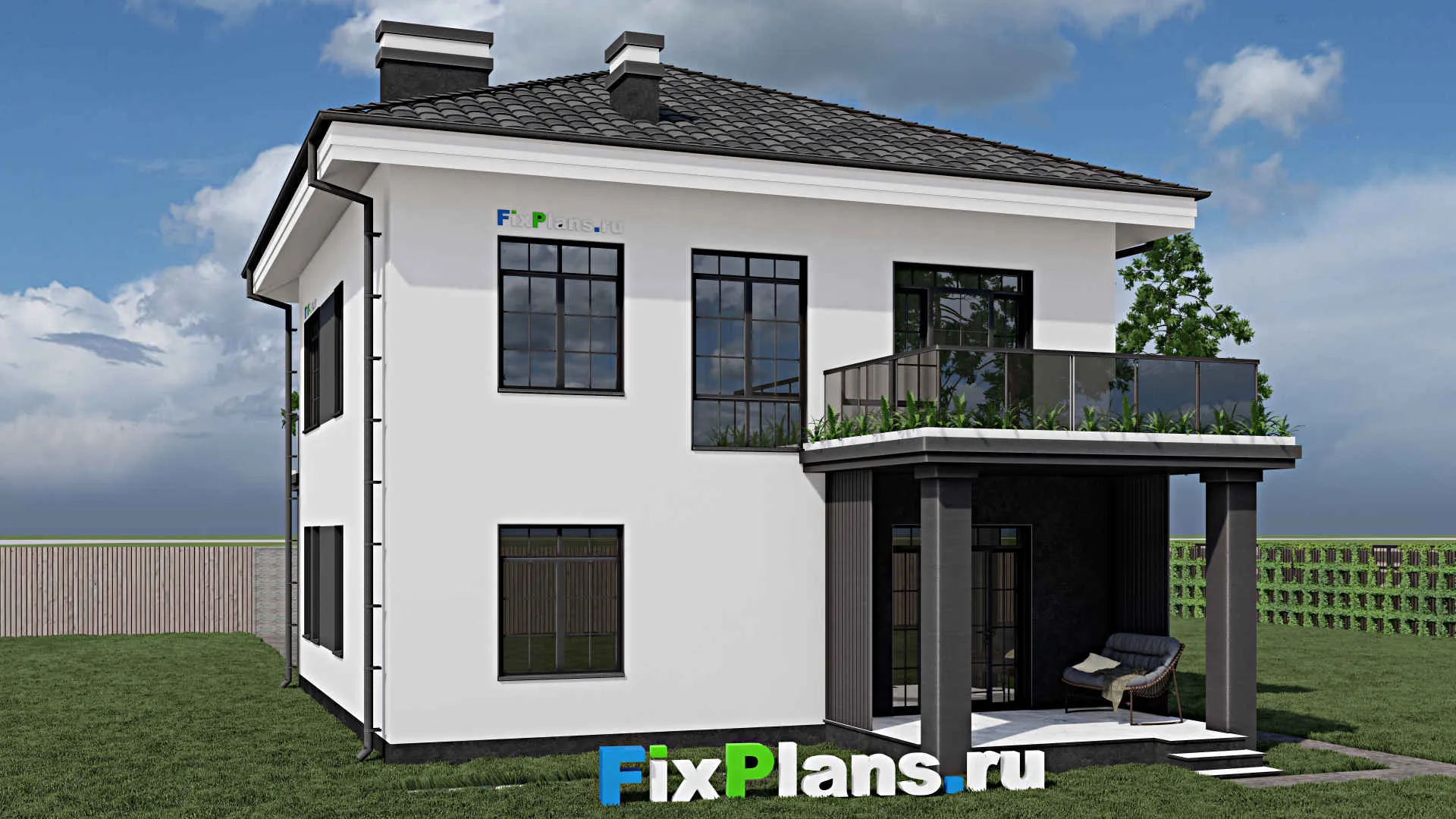 F-0782 - Планы двухэтажного дома 10 на 11, площадью 170 м² с террасой, балконом, гаражом на 1 машину и 4 спальнями