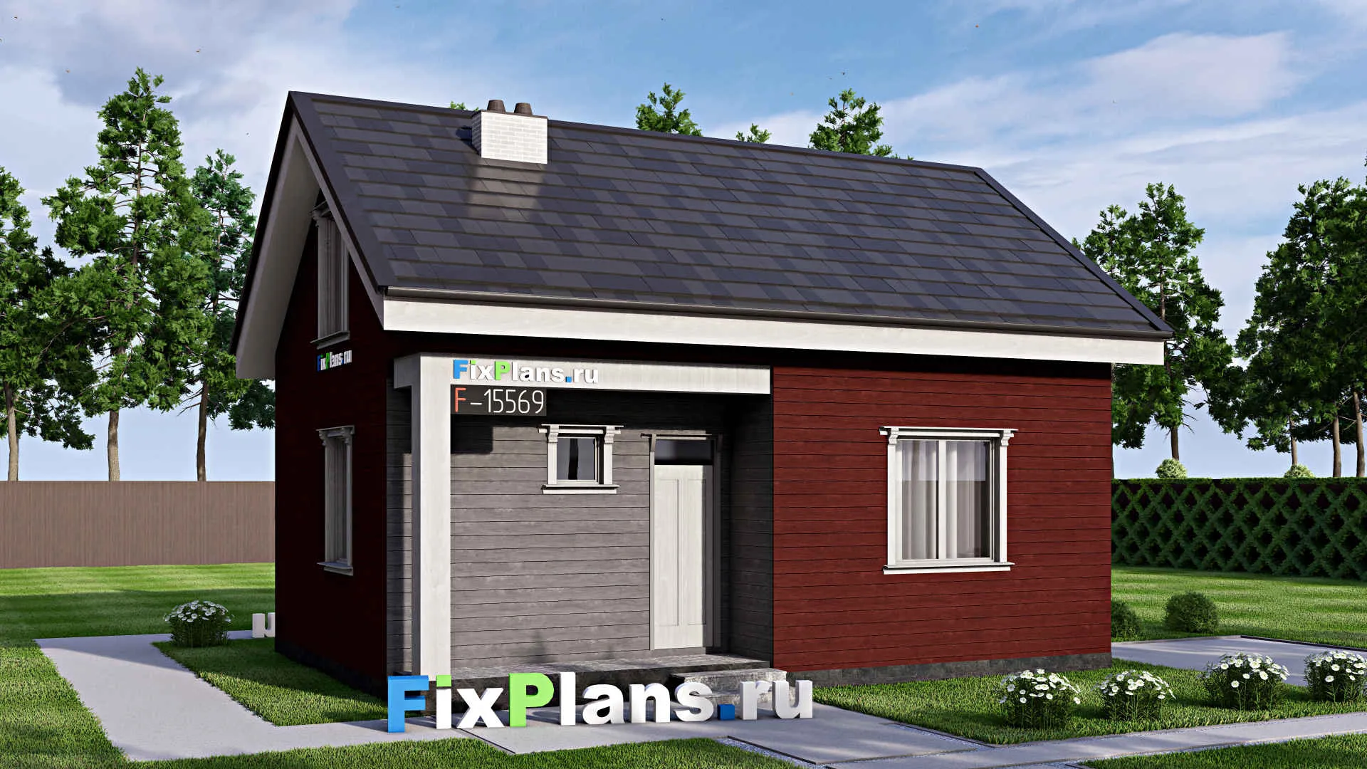 F-15569 - Проект бани 7 на 9, площадью 60 м² с комнатой отдыха, терассой, мансардой, санузлом и спальней