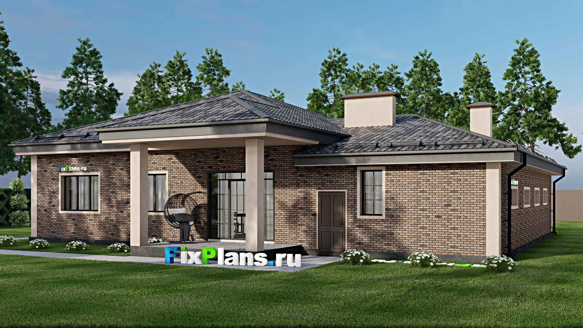 F-9512 - Проект одноэтажного дома 19 на 20, площадью 240 м² с террасой, гаражом на 2 машины и 4 спальнями