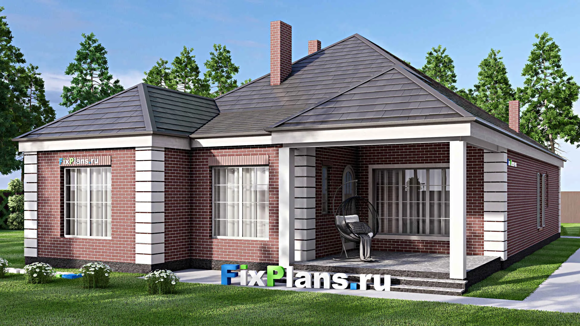 F-16883 - Проект одноэтажного дома 13 на 21, площадью 210 м² с террасой, гаражом на 2 машины и 3 спальнями