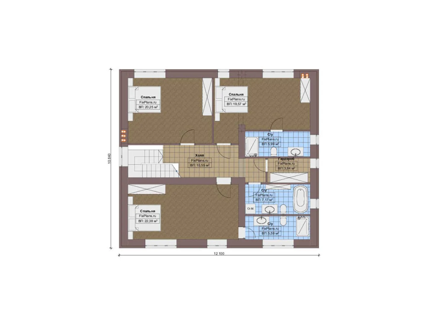 F-12365 - Планы двухэтажного дома 15 на 19, площадью 260 м² с террасой, гаражом на 1 машину и 4 спальнями