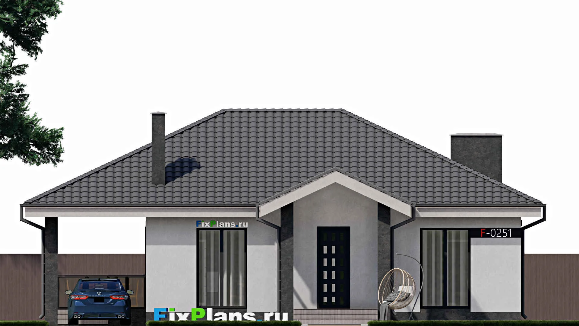 F-0251 - Проект одноэтажного дома 11 на 12, площадью 130 м² с террасой и 3 спальнями