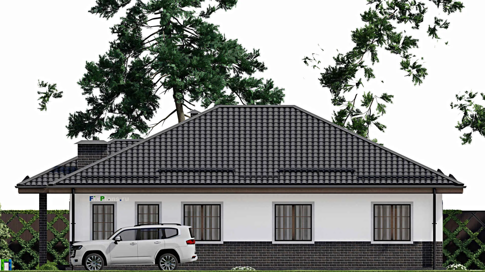 F-4607 - План одноэтажного дома 15 на 15, площадью 190 м² с террасой и 4 спальнями