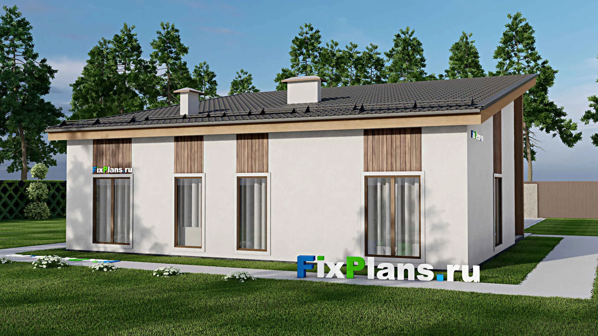 F-10115 - План одноэтажного дома 11 на 13, площадью 120 м² с террасой и 4 спальнями