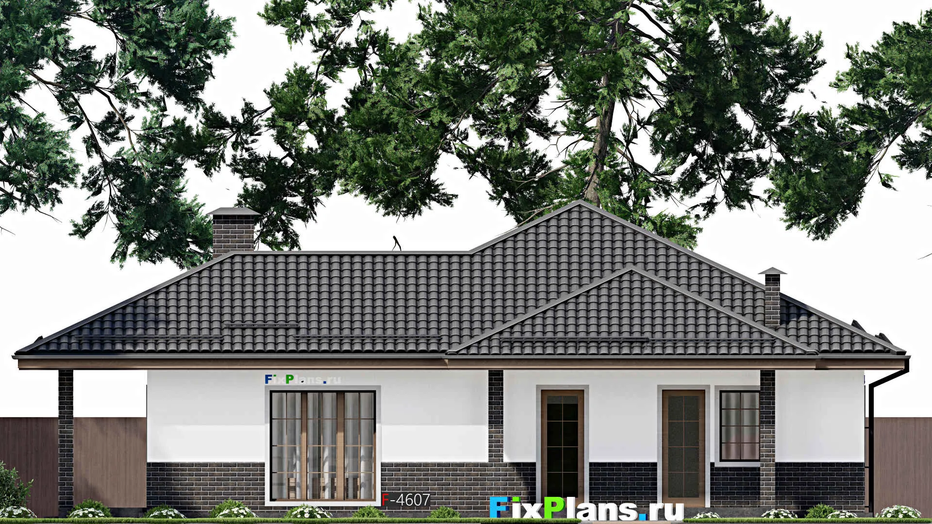 F-4607 - План одноэтажного дома 15 на 15, площадью 190 м² с террасой и 4 спальнями