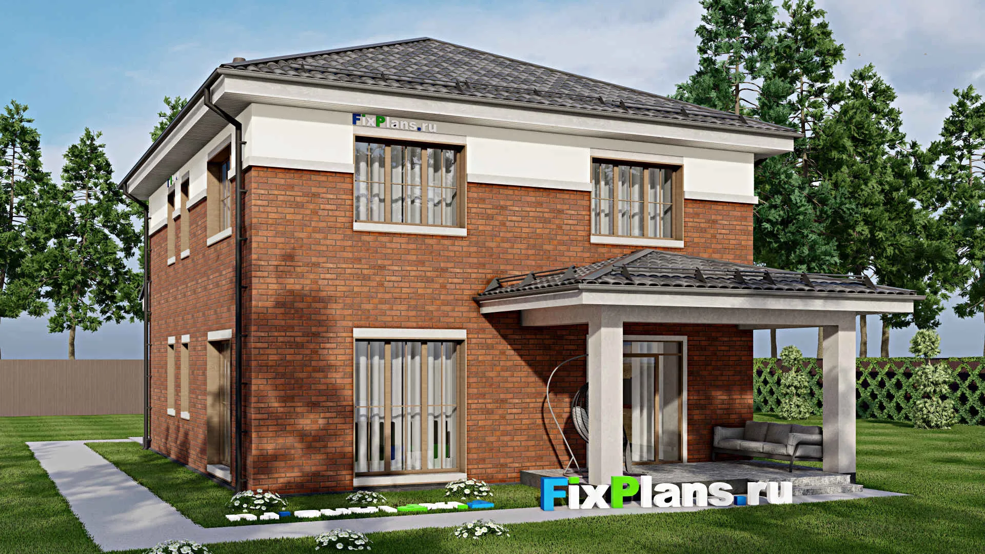 F-5714 - Проект двухэтажного дома 12 на 16, площадью 200 м² с террасой и 4 спальнями