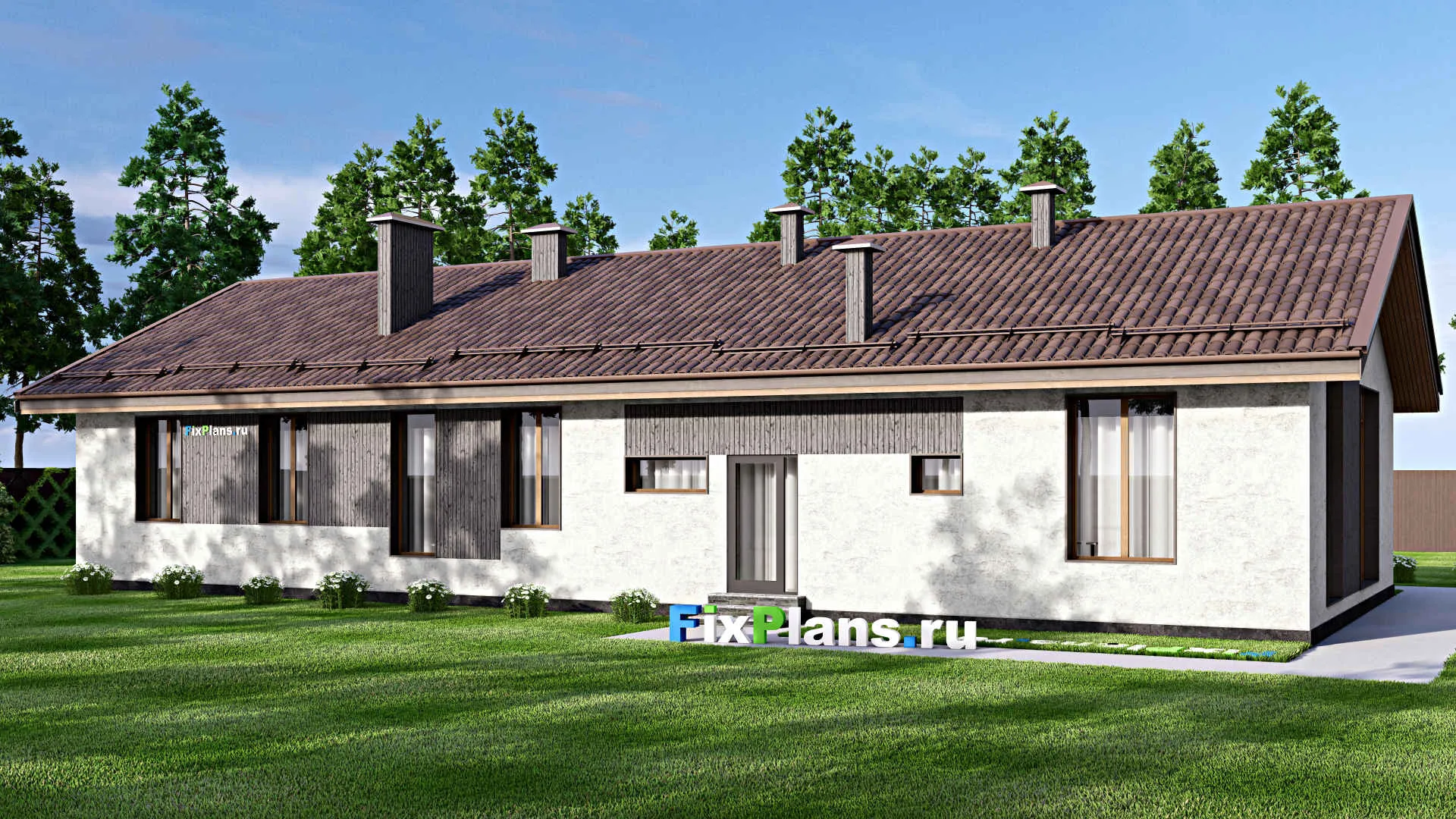 F-14030 - Проект одноэтажного дома 13 на 23, площадью 190 м² с баней, гаражом на 1 машину и 2 спальнями