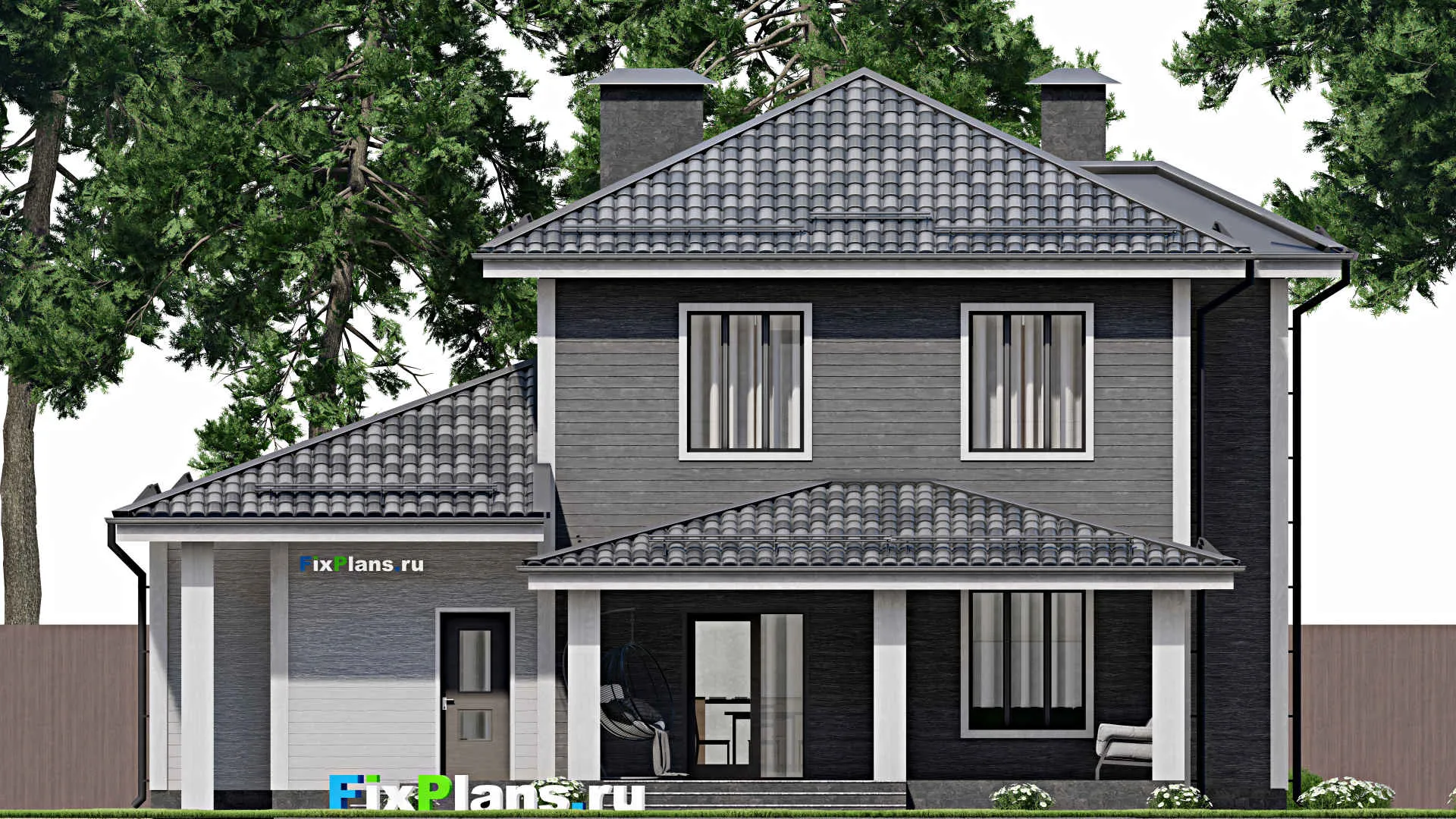 F-3563 - Планы двухэтажного дома 12 на 15, площадью 200 м² с террасой, гаражом на 1 машину и 5 спальнями