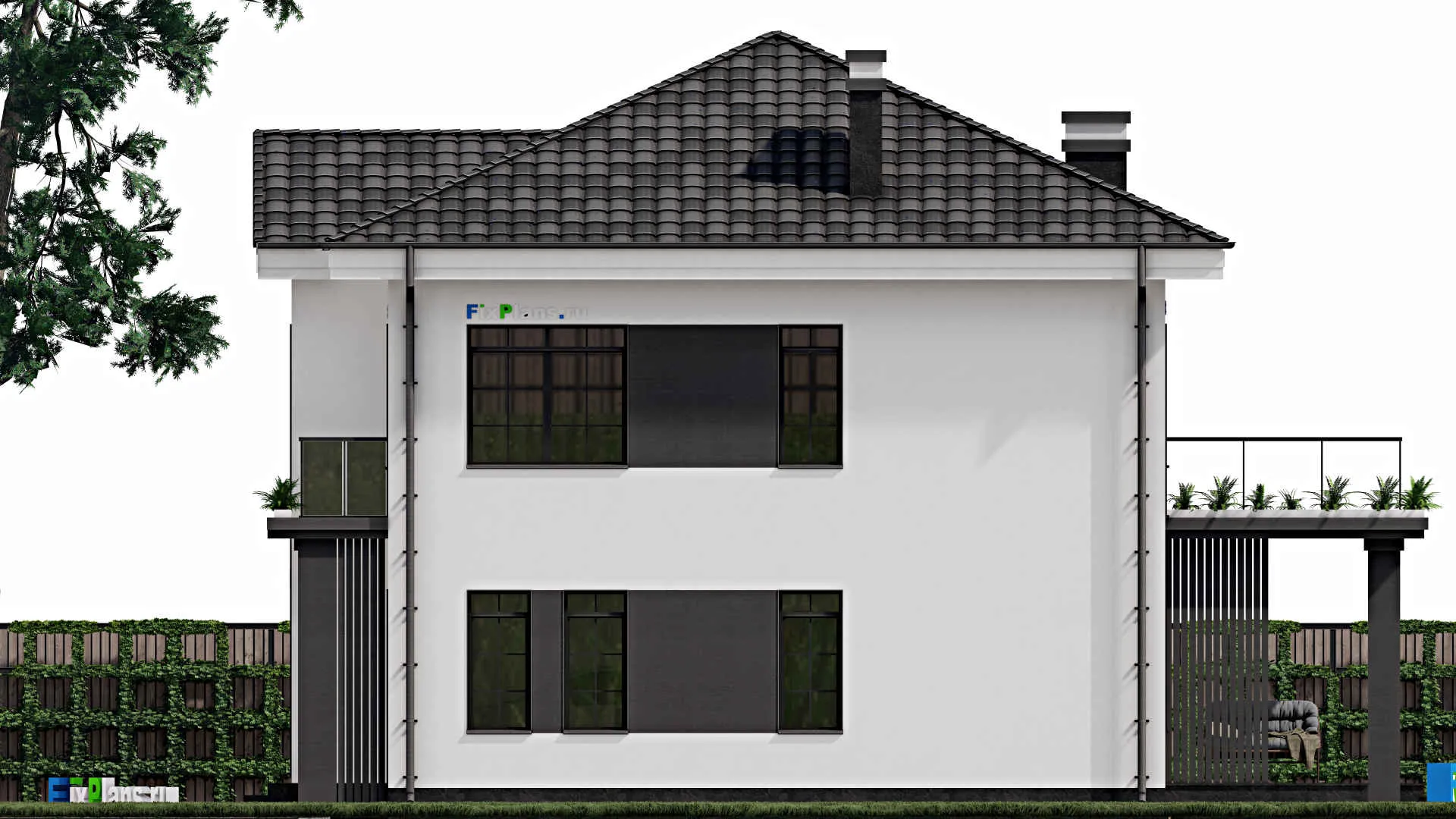 F-0782 - Планы двухэтажного дома 10 на 11, площадью 170 м² с террасой, балконом, гаражом на 1 машину и 4 спальнями