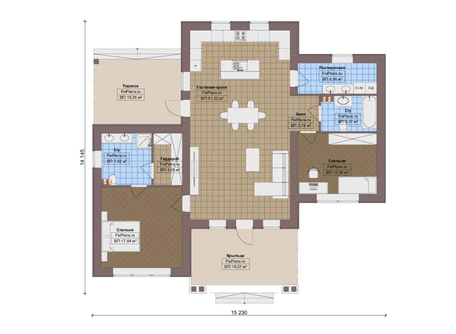 F-16334 - План одноэтажного дома 15 на 16, площадью 140 м² с 2 спальнями