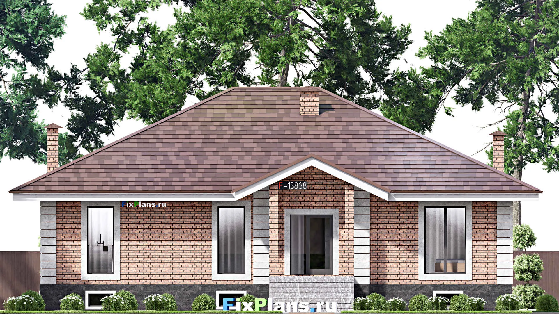 F-13868 - Проект одноэтажного дома 15 на 17, площадью 290 м² с террасой, цокольным этажом и 3 спальнями